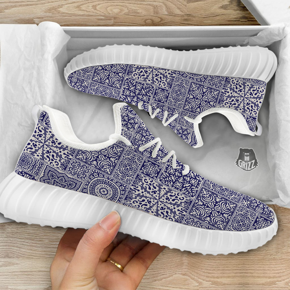 Mandala Patchwork Square Bohemian Print Pattern White Walking Shoes-grizzshop