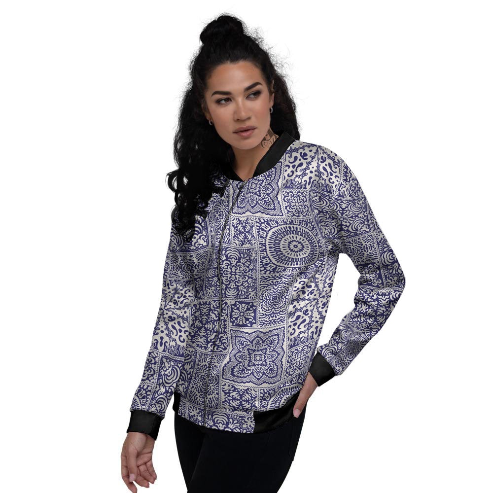 Mandala Patchwork Square Bohemian Print Pattern Women's Bomber Jacket-grizzshop