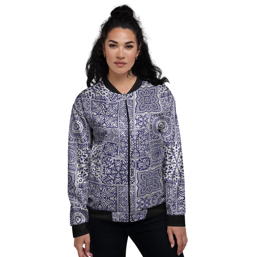 Mandala Patchwork Square Bohemian Print Pattern Women's Bomber Jacket-grizzshop