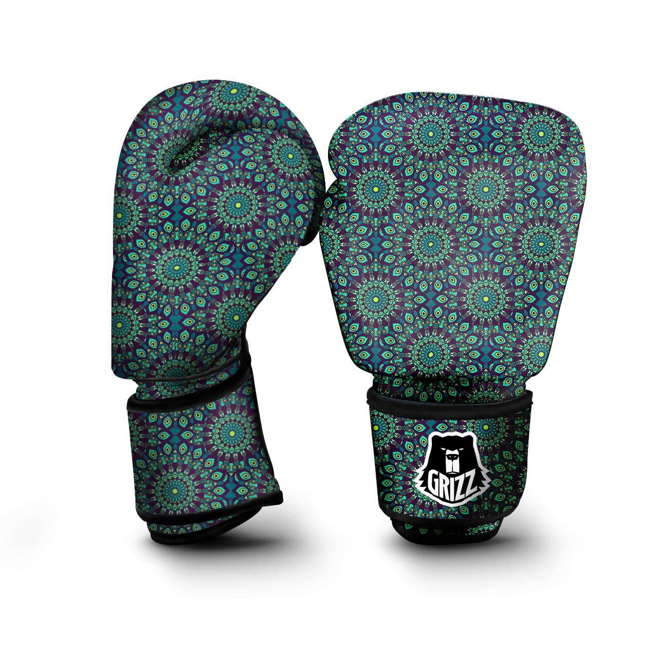 Mandala Teal Bohemian Print Pattern Boxing Gloves-grizzshop