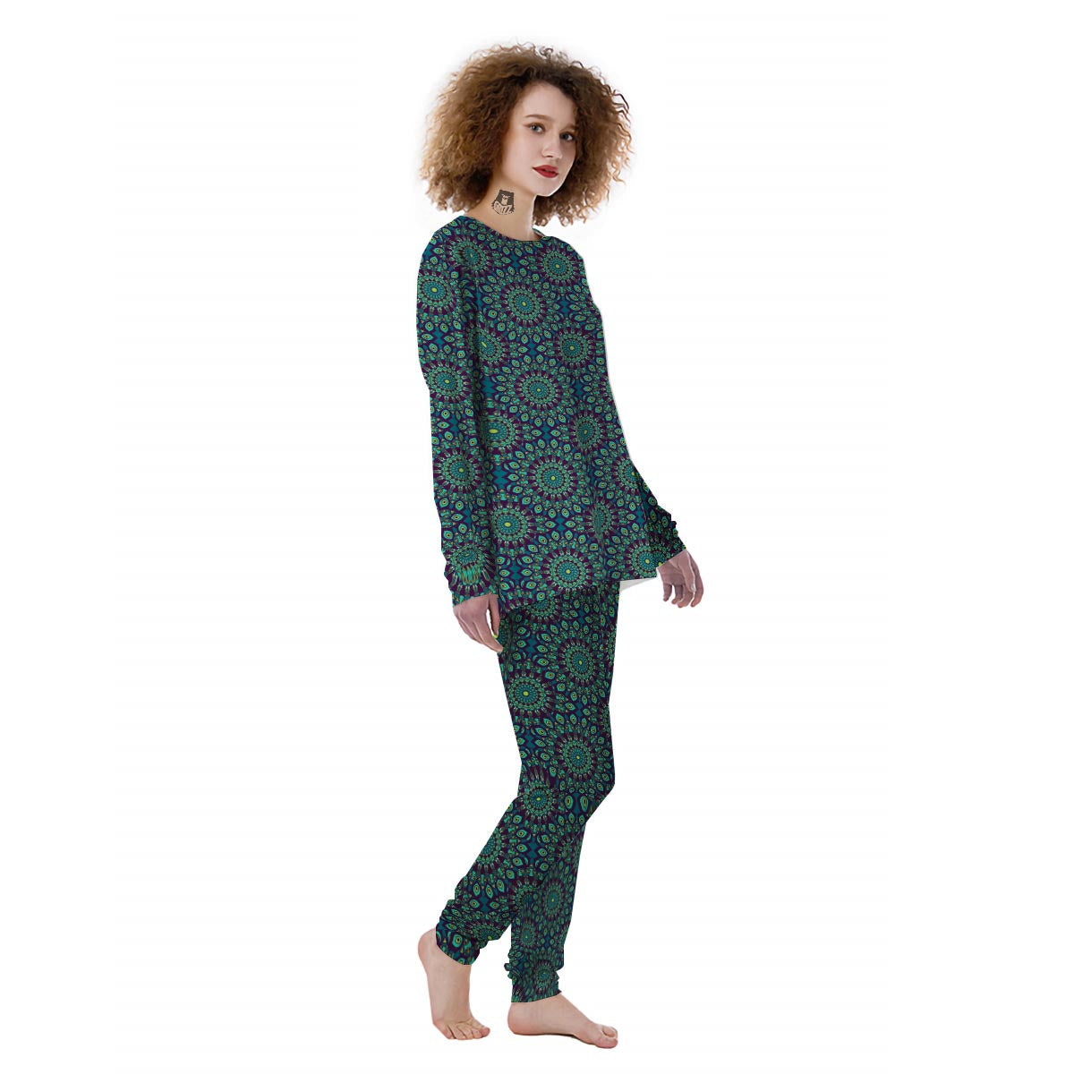 Mandala Teal Bohemian Print Pattern Women's Pajamas-grizzshop