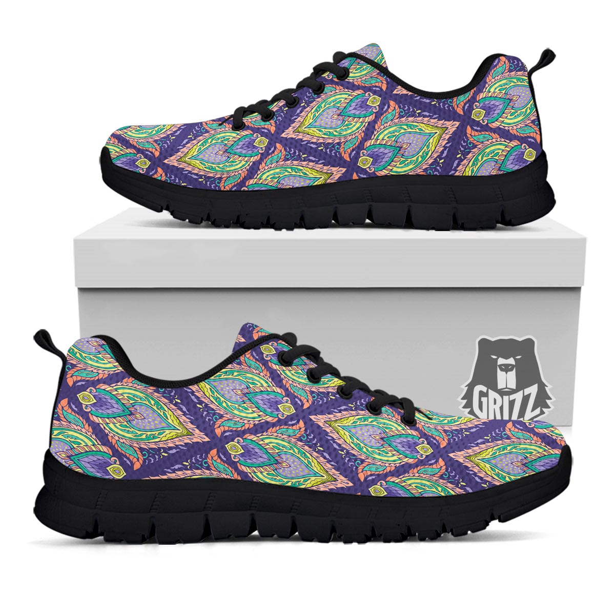 Mandala Thai Print Pattern Black Sneaker-grizzshop