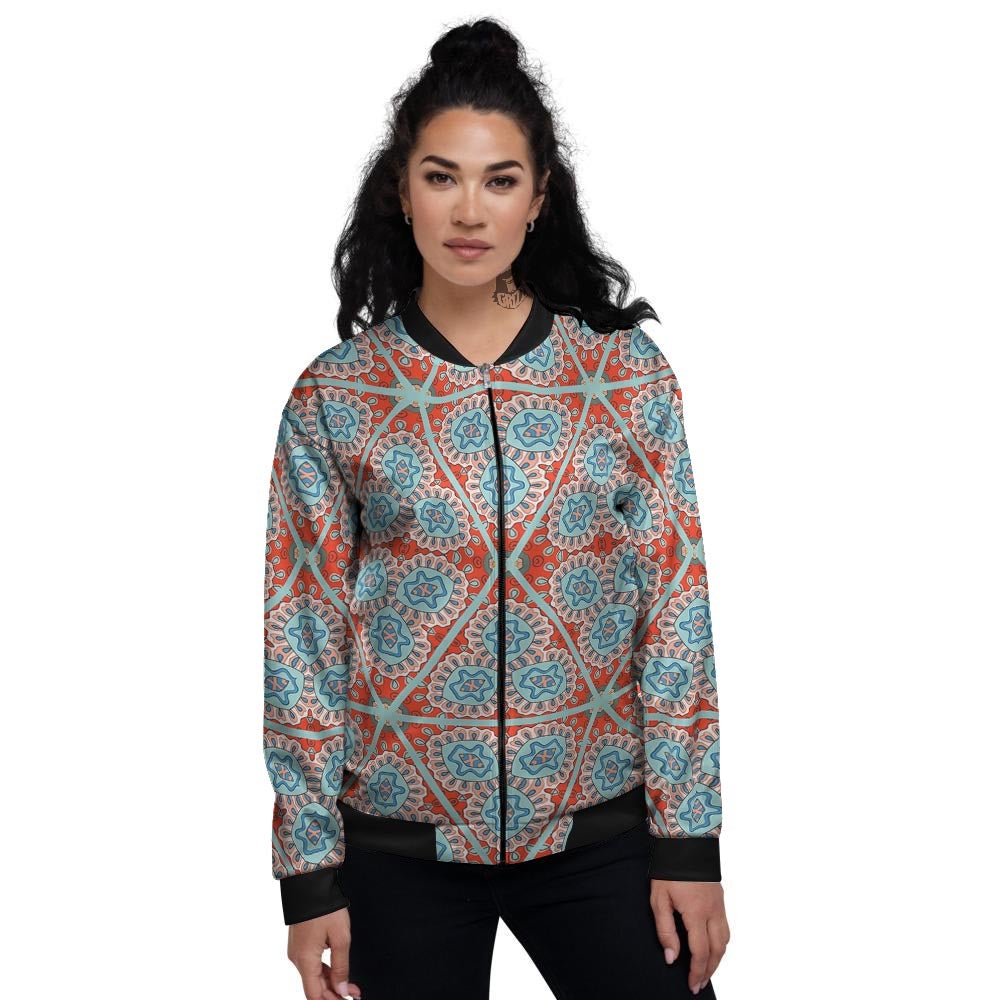 Mandala Triangle Bohemian Print Pattern Women's Bomber Jacket-grizzshop