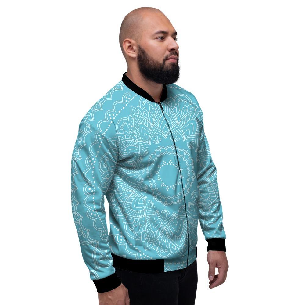 Mandala White And Teal Print Men's Bomber Jacket-grizzshop