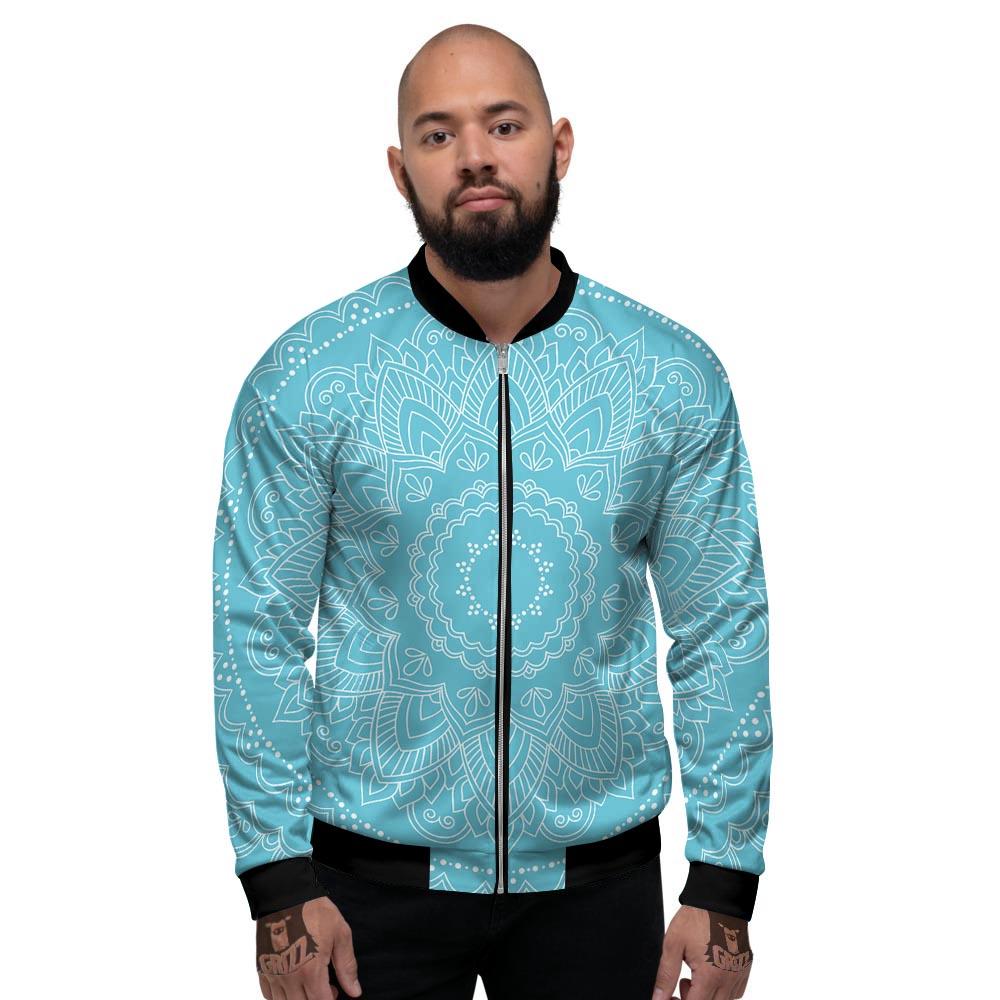 Mandala White And Teal Print Men's Bomber Jacket-grizzshop