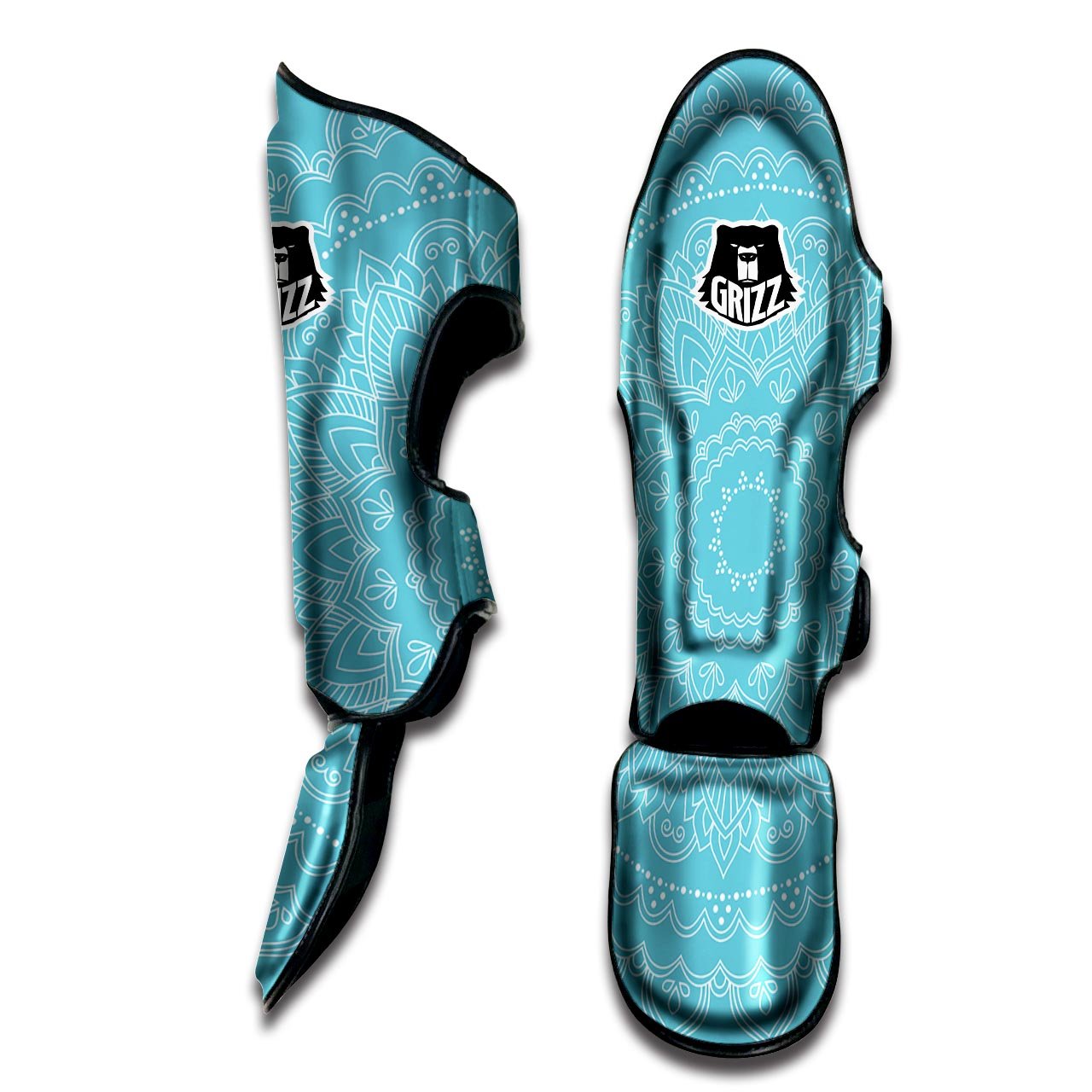 Mandala White And Teal Print Muay Thai Shin Guards-grizzshop