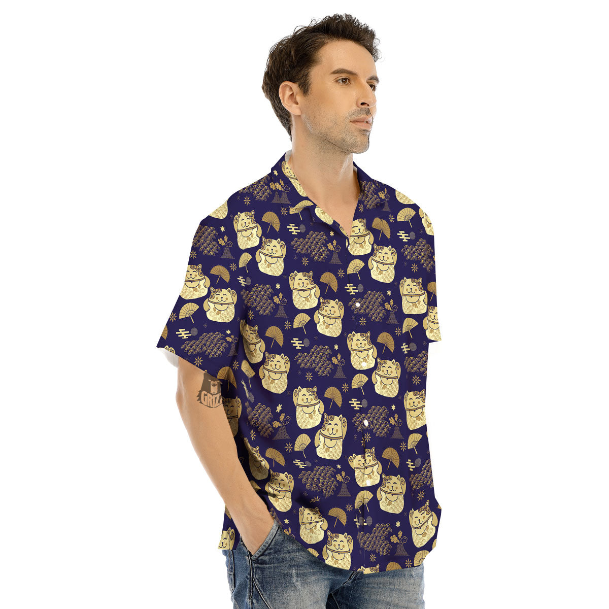 Maneki Neko Cat Japanese Print Pattern Men's Hawaiian Shirt-grizzshop