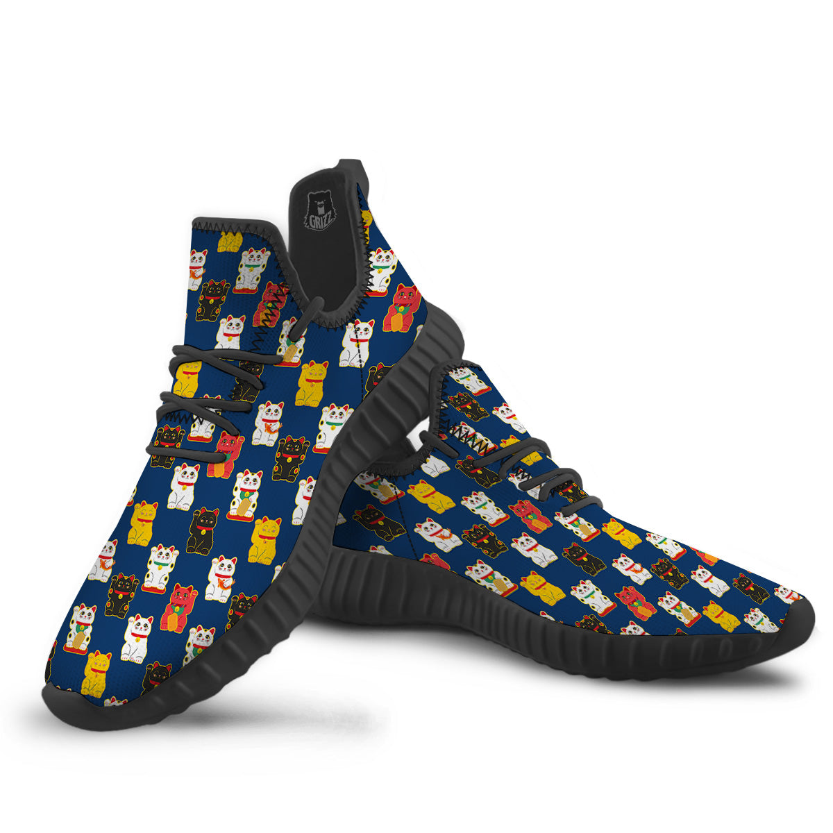 Maneki Neko Colorful Print Pattern Black Walking Shoes-grizzshop