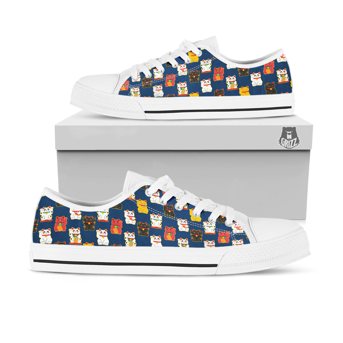 Maneki Neko Colorful Print Pattern White Low Top Shoes-grizzshop