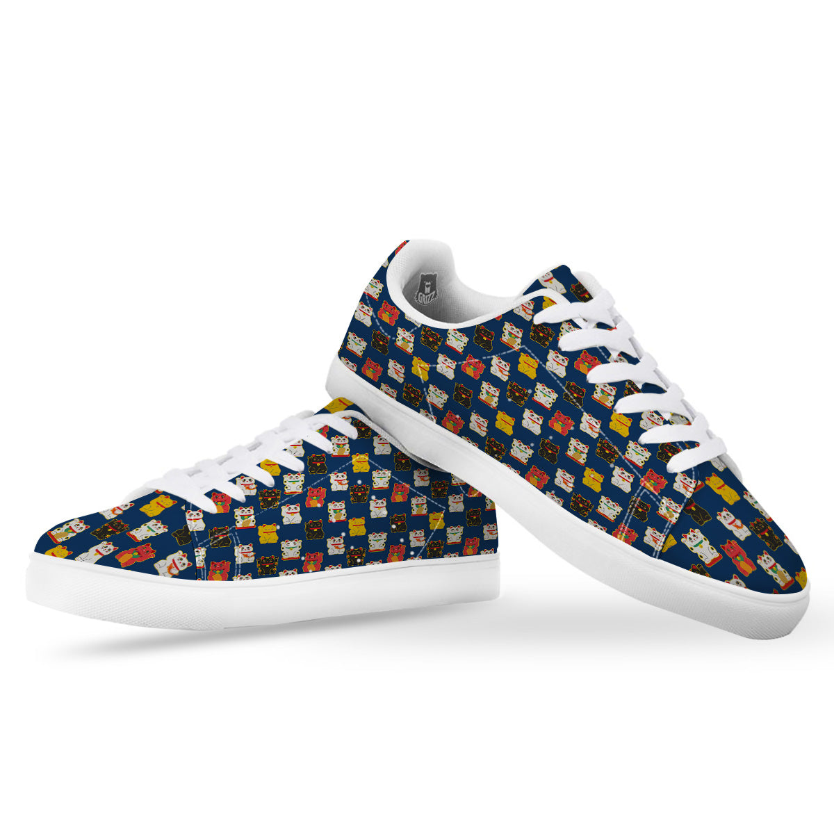 Maneki Neko Colorful Print Pattern White Low Top Sneakers-grizzshop
