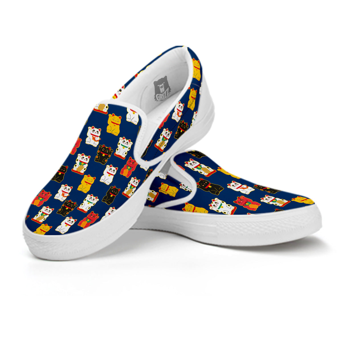 Maneki Neko Colorful Print Pattern White Slip On Shoes-grizzshop