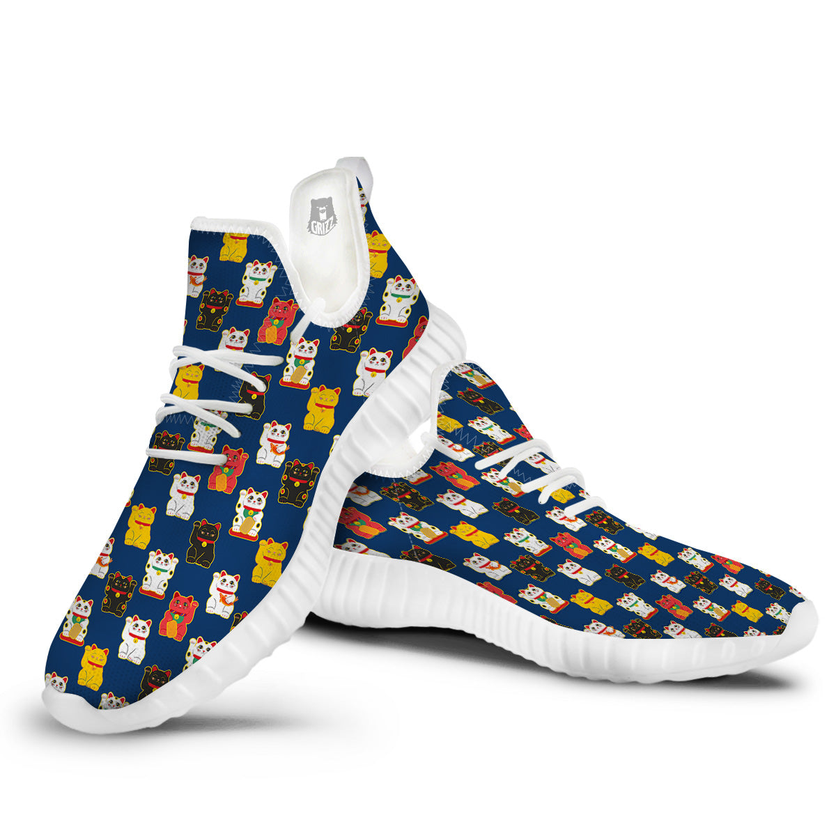 Maneki Neko Colorful Print Pattern White Walking Shoes-grizzshop