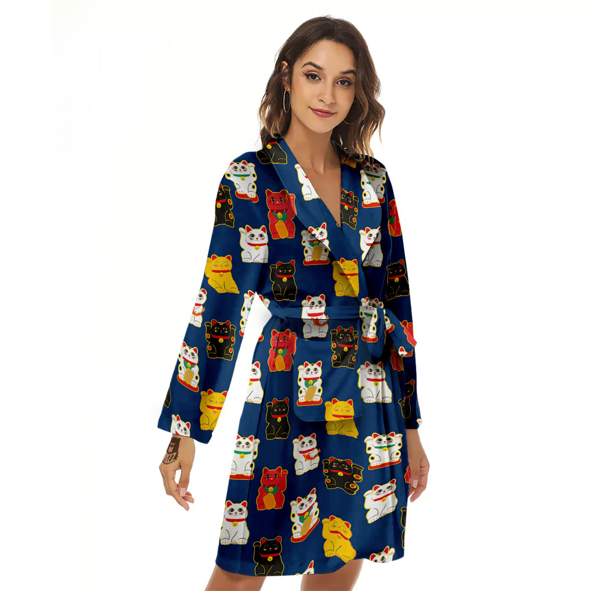 Maneki Neko Colorful Print Pattern Women's Robe-grizzshop