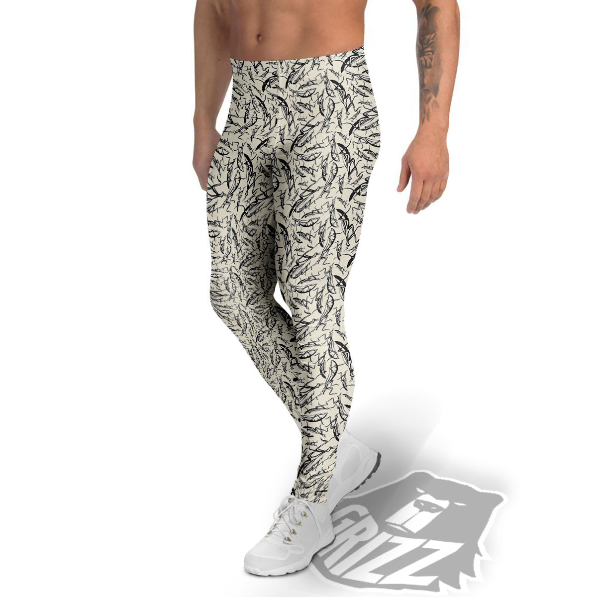 Mantis Beige And Blue Print Pattern Men's Leggings-grizzshop