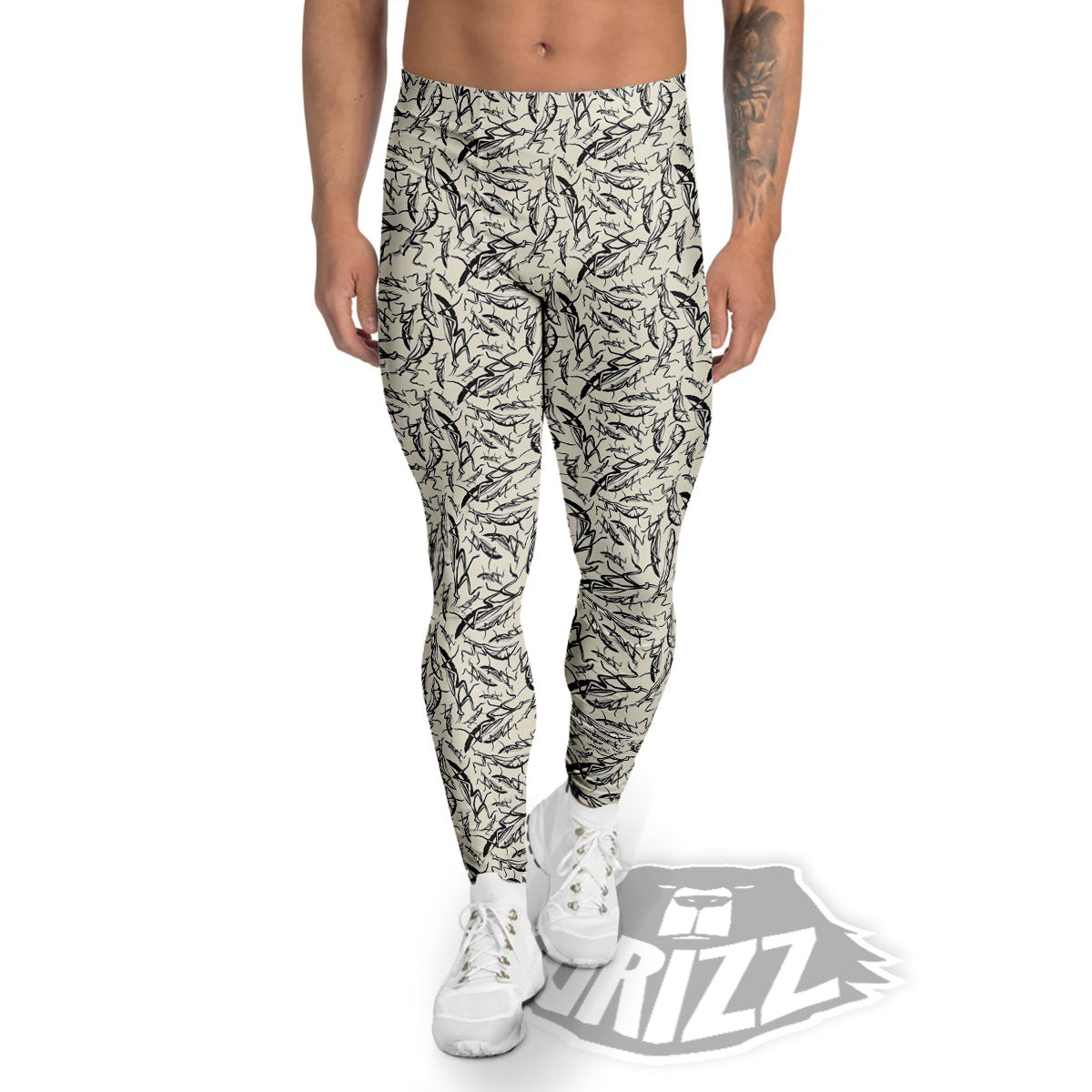 Mantis Beige And Blue Print Pattern Men's Leggings-grizzshop