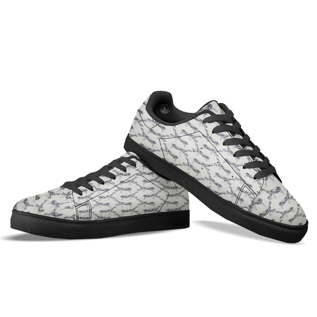 Mantis Hand Drawn Print Pattern Black Low Top Sneakers-grizzshop