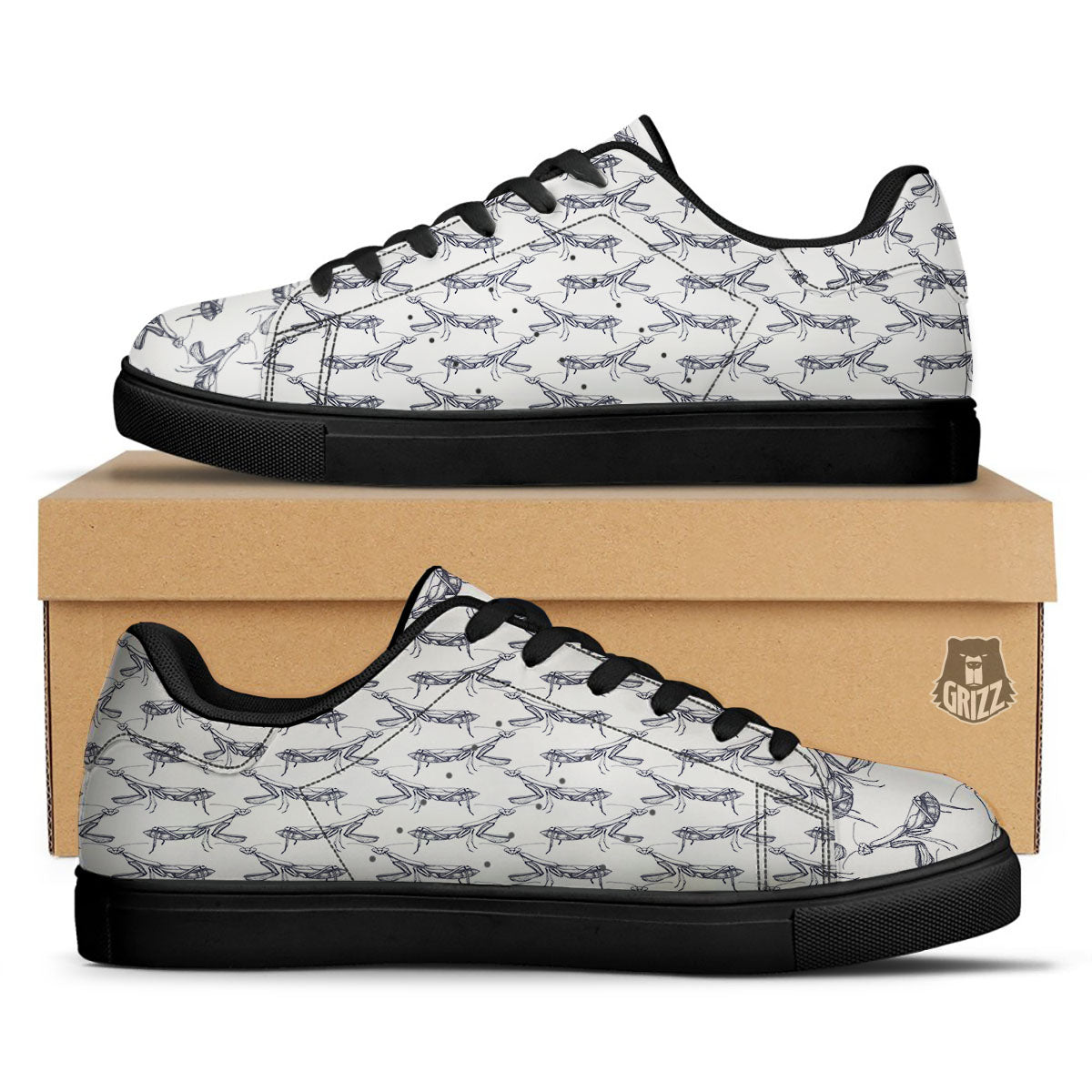 Mantis Hand Drawn Print Pattern Black Low Top Sneakers-grizzshop