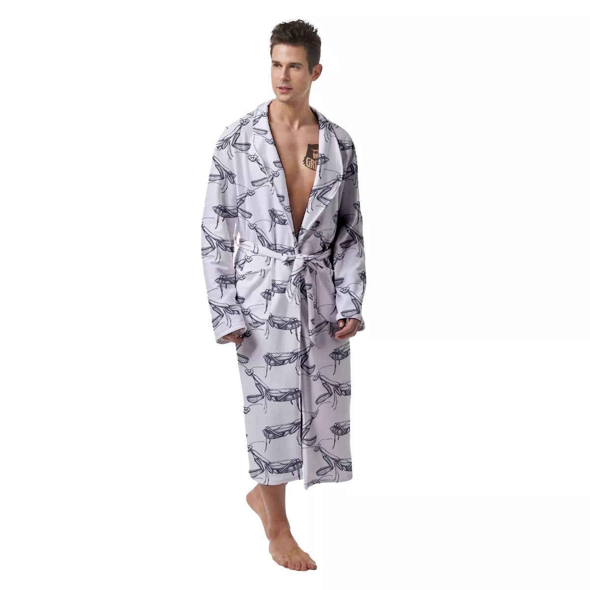 Mantis Hand Drawn Print Pattern Men's Robe-grizzshop