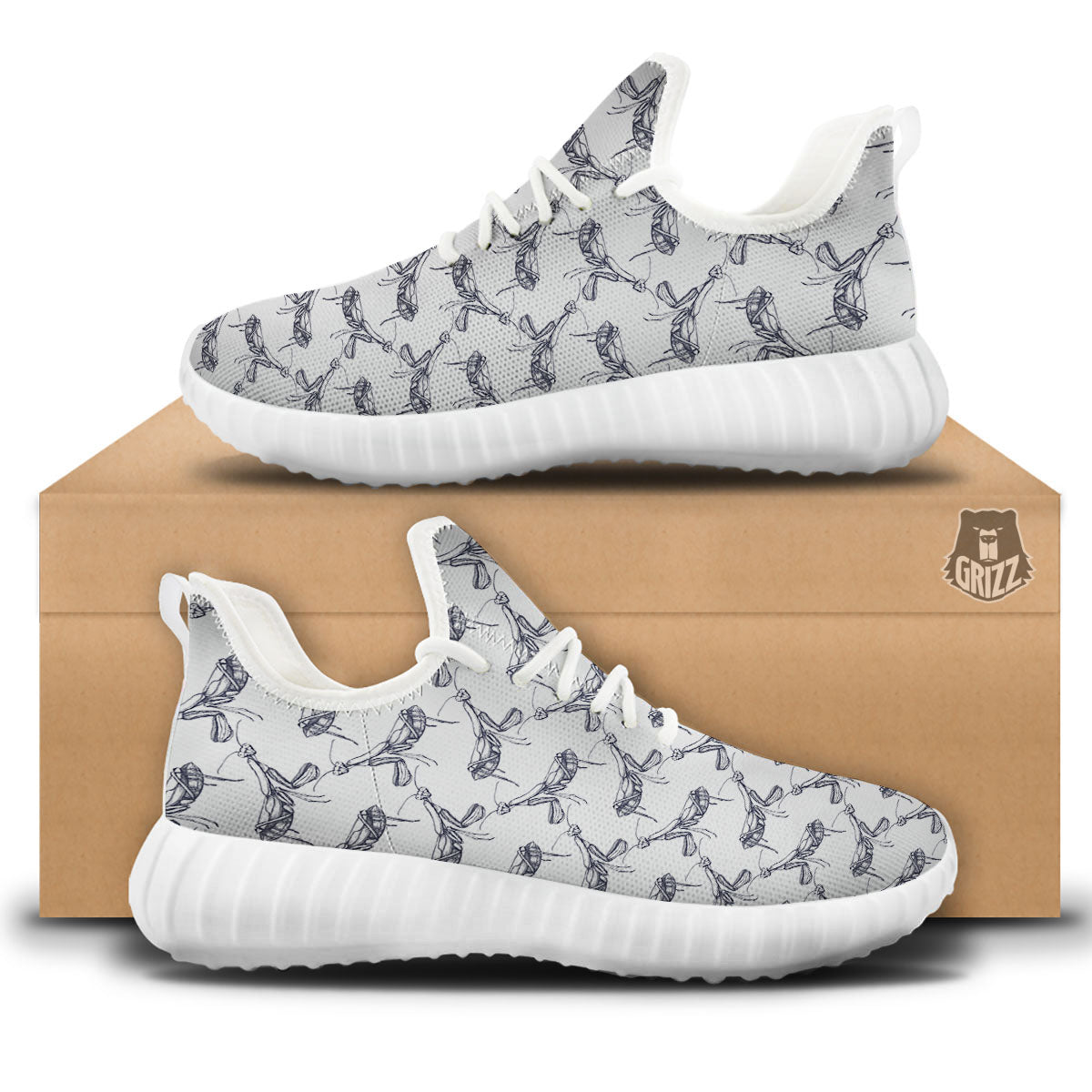 Mantis Hand Drawn Print Pattern White Walking Shoes-grizzshop