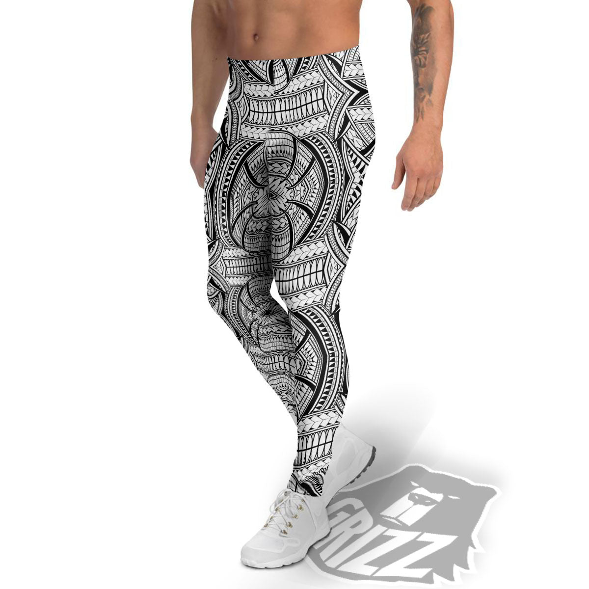 Maori Polynesian White And Black Print Men's Leggings-grizzshop