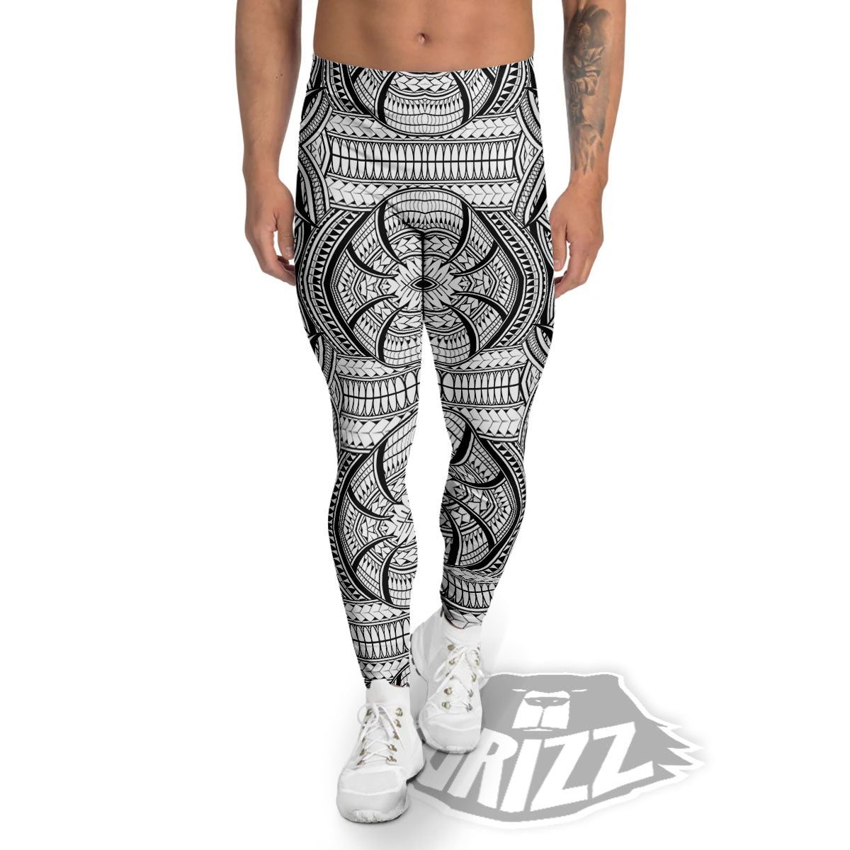 Maori Polynesian White And Black Print Men's Leggings-grizzshop