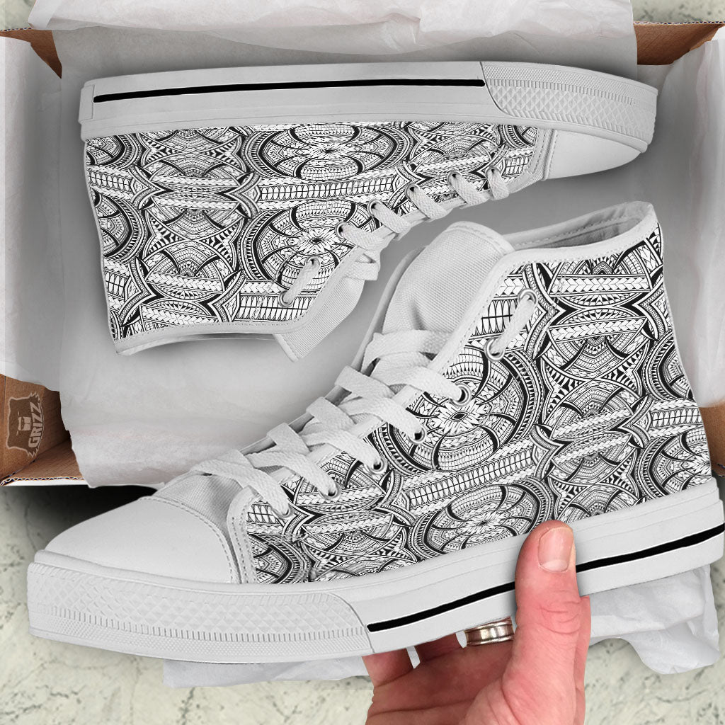 Maori Polynesian White And Black Print White High Top Shoes-grizzshop
