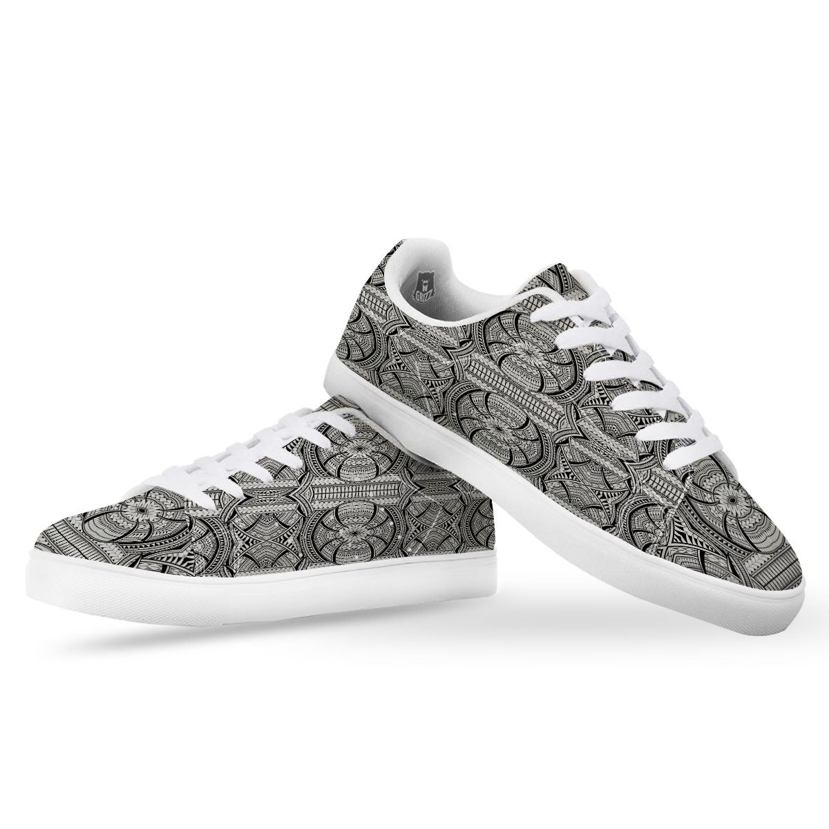 Maori Polynesian White And Black Print White Low Top Sneakers-grizzshop