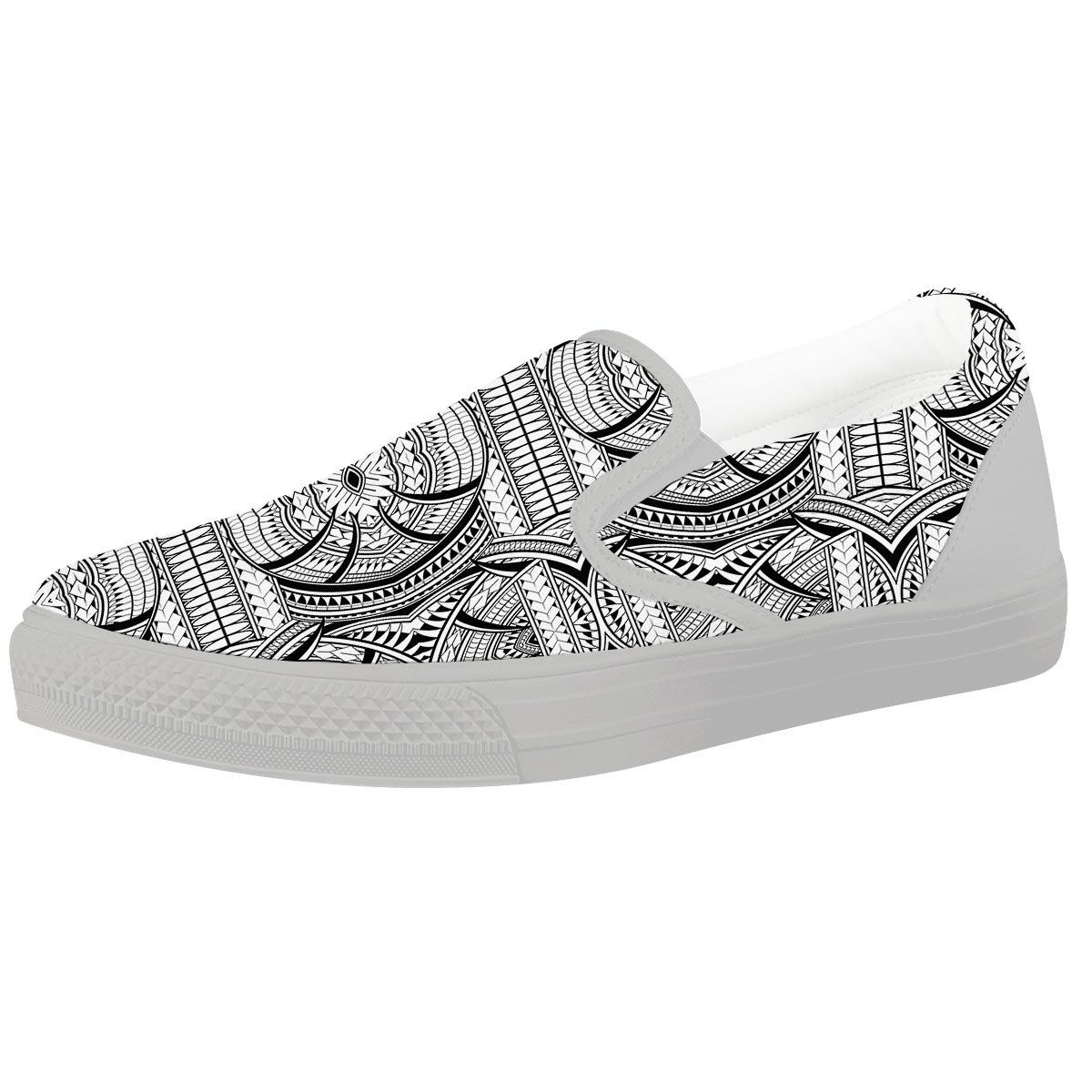 Maori Polynesian White And Black Print White Slip On Shoes-grizzshop