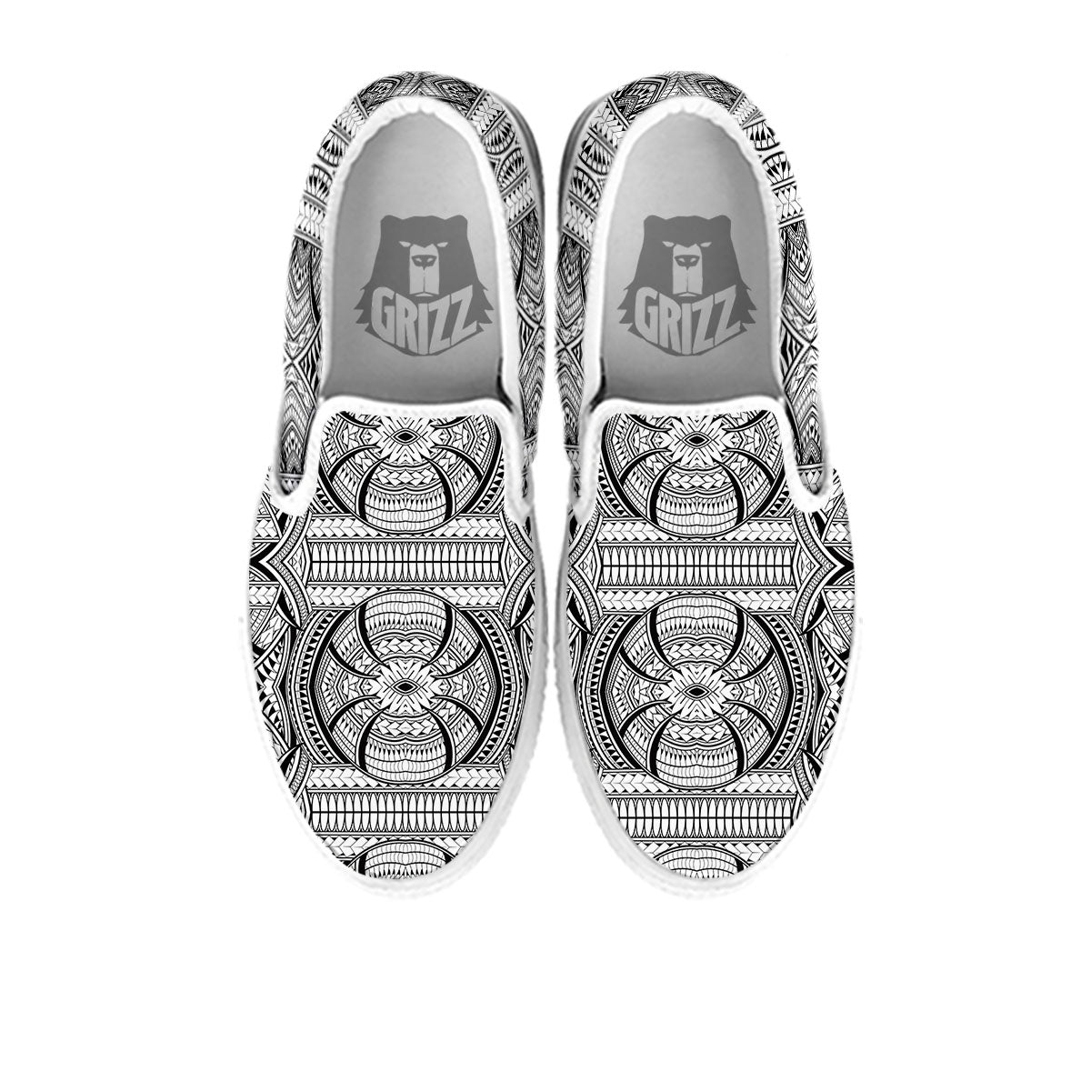 Maori Polynesian White And Black Print White Slip On Shoes-grizzshop