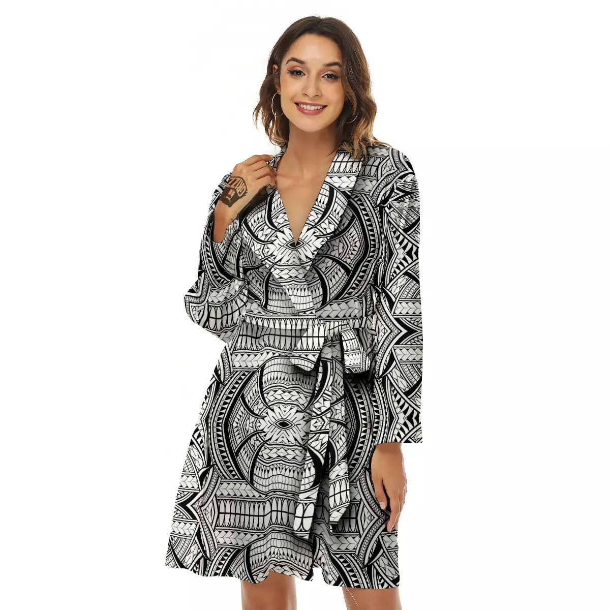 Maori Polynesian White And Black Print Women's Robe-grizzshop
