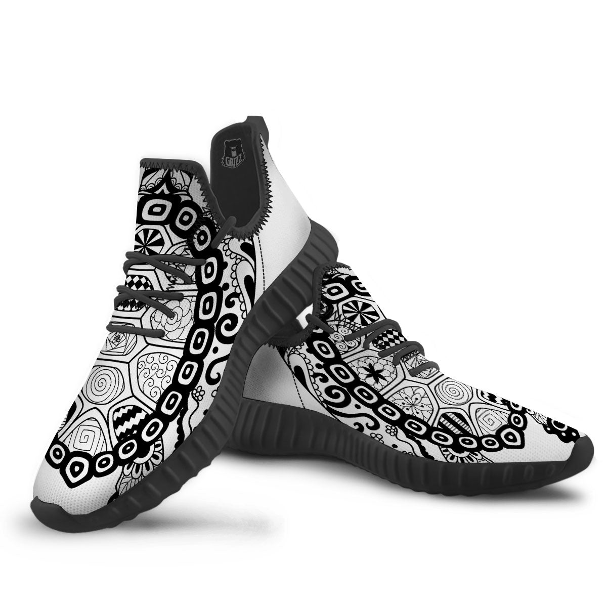 Maori Sea Turtle White And Black Print Black Walking Shoes-grizzshop