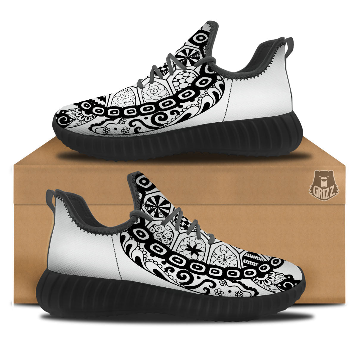 Maori Sea Turtle White And Black Print Black Walking Shoes-grizzshop