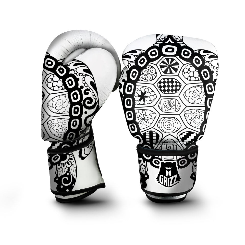 Maori Sea Turtle White And Black Print Boxing Gloves-grizzshop