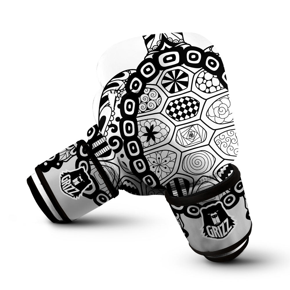 Maori Sea Turtle White And Black Print Boxing Gloves-grizzshop