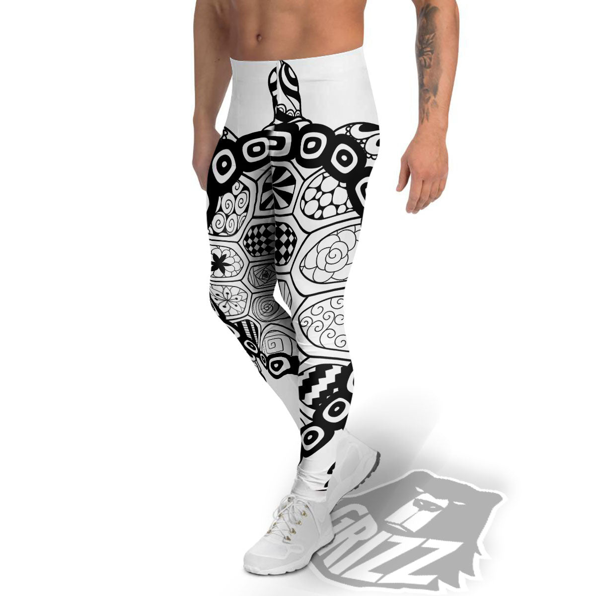 Maori Sea Turtle White And Black Print Men's Leggings-grizzshop