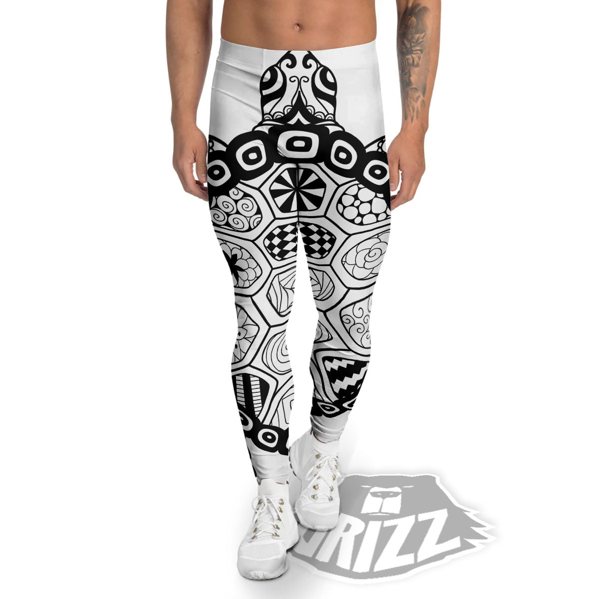 Maori Sea Turtle White And Black Print Men's Leggings-grizzshop