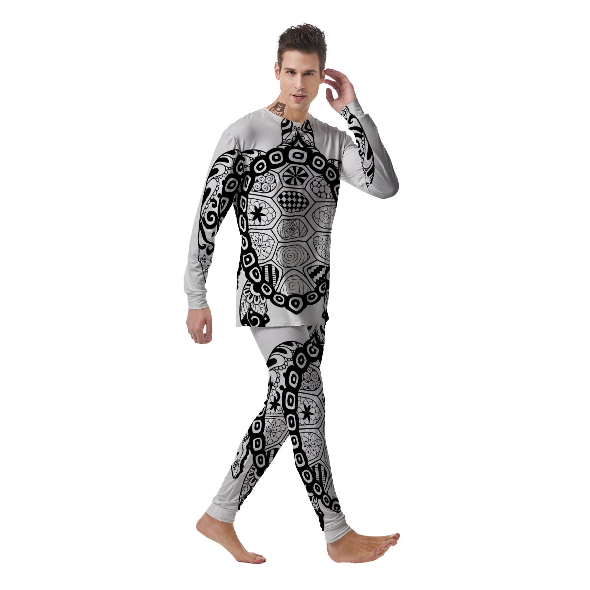 Maori Sea Turtle White And Black Print Men's Pajamas-grizzshop