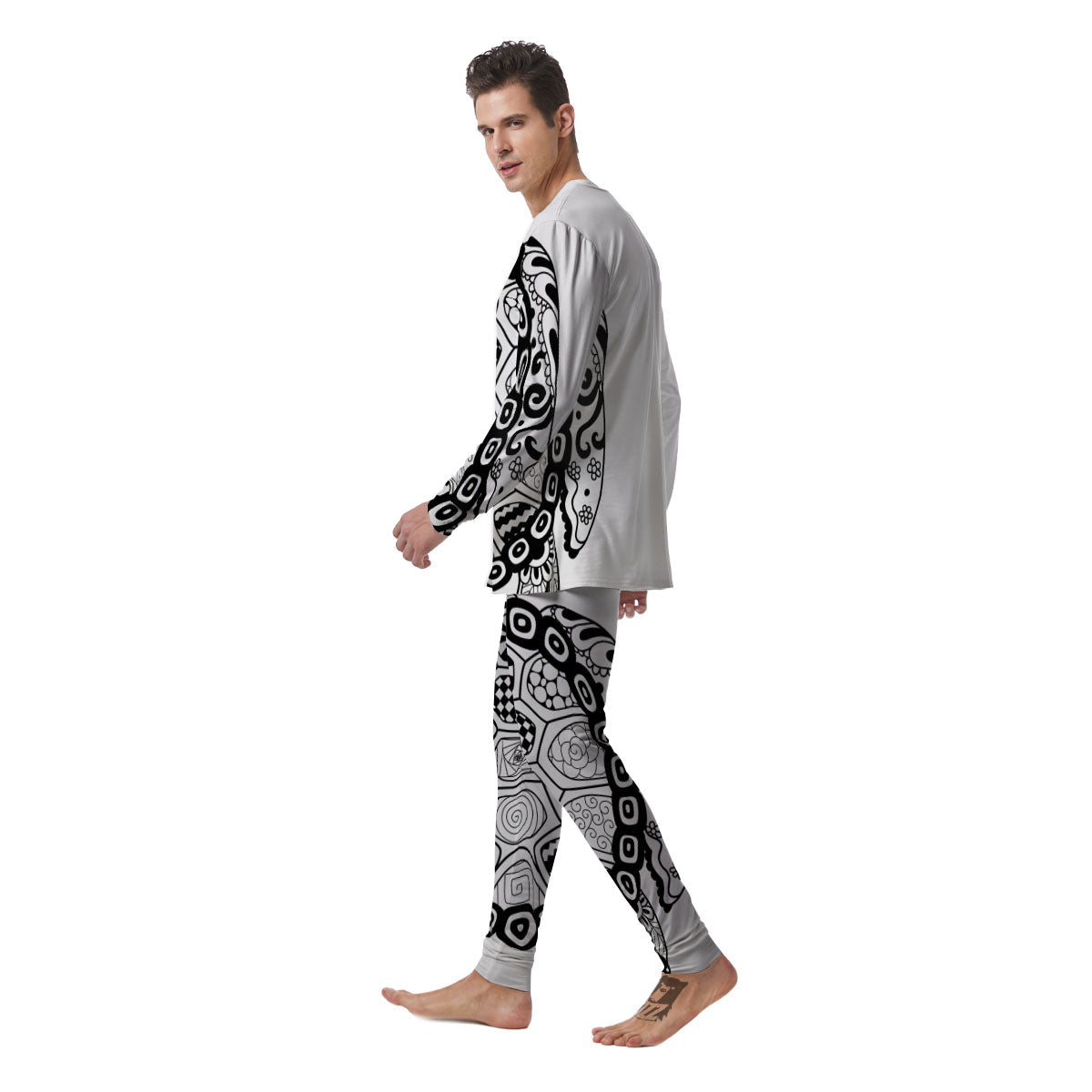 Maori Sea Turtle White And Black Print Men's Pajamas-grizzshop