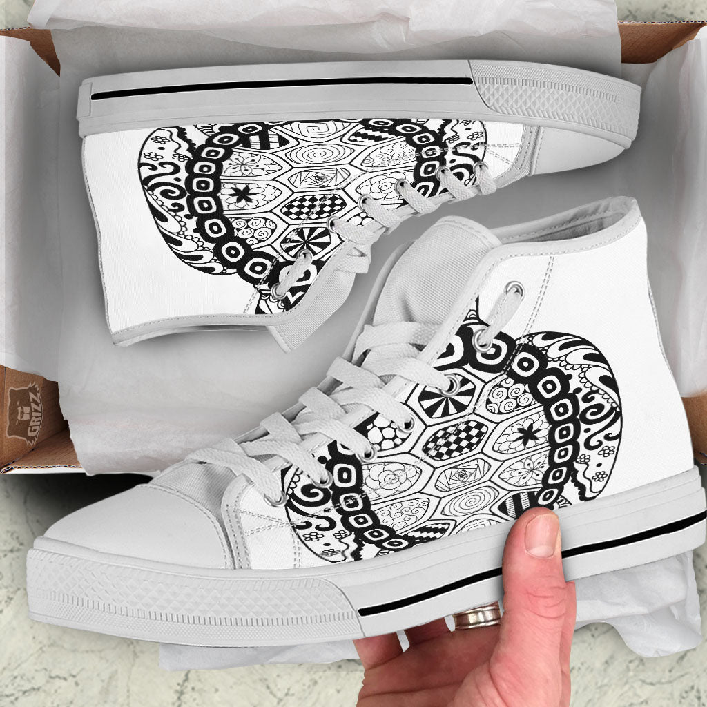 Maori Sea Turtle White And Black Print White High Top Shoes-grizzshop