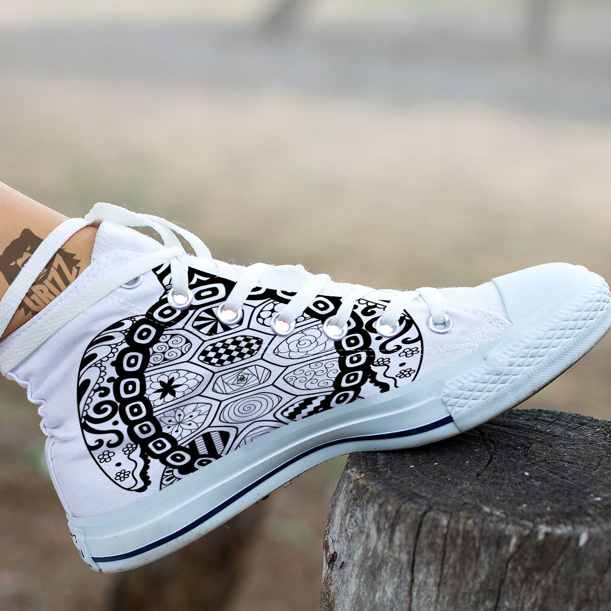 Maori Sea Turtle White And Black Print White High Top Shoes-grizzshop
