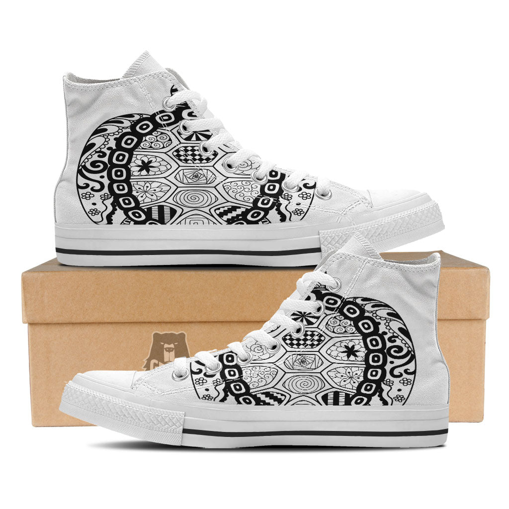 Maori Sea Turtle White And Black Print White High Top Shoes-grizzshop