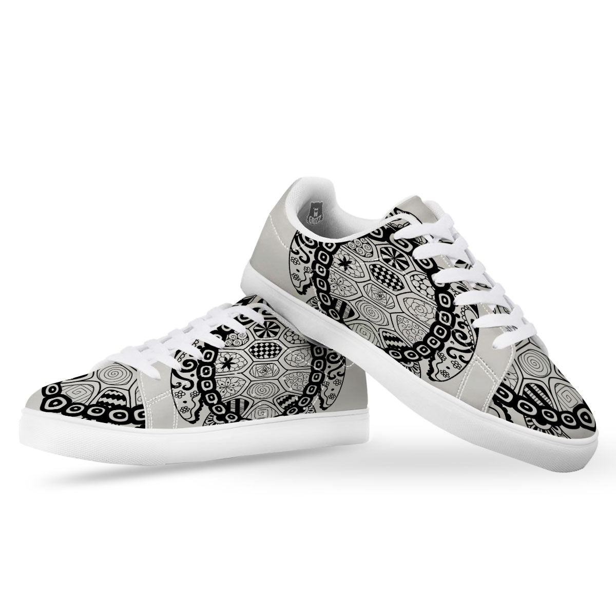 Maori Sea Turtle White And Black Print White Low Top Sneakers-grizzshop