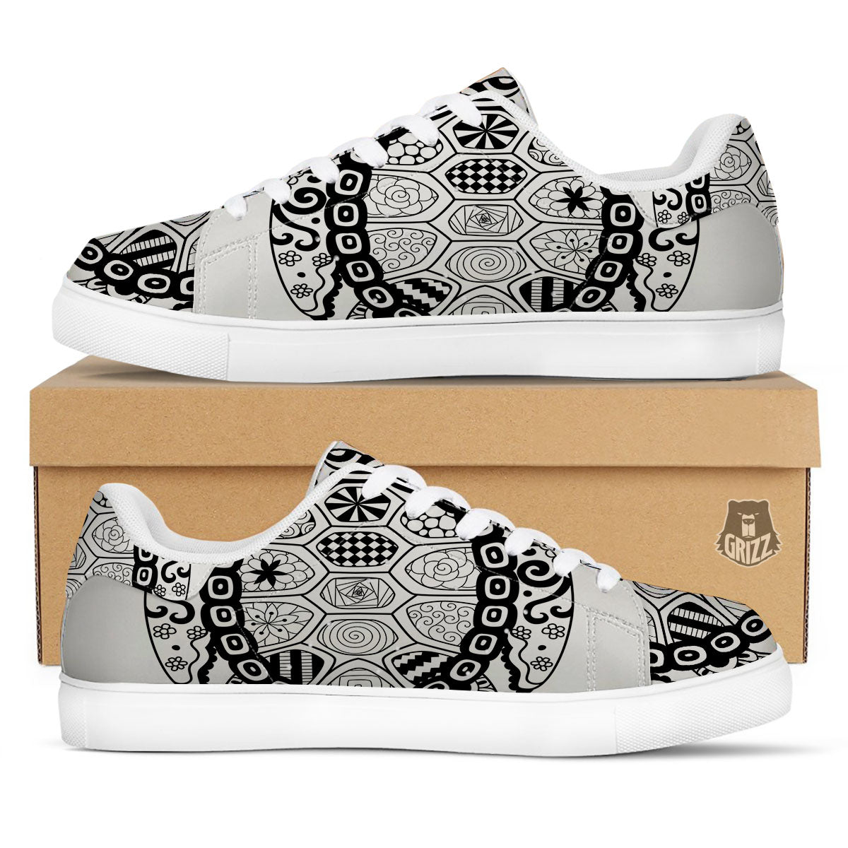 Maori Sea Turtle White And Black Print White Low Top Sneakers-grizzshop