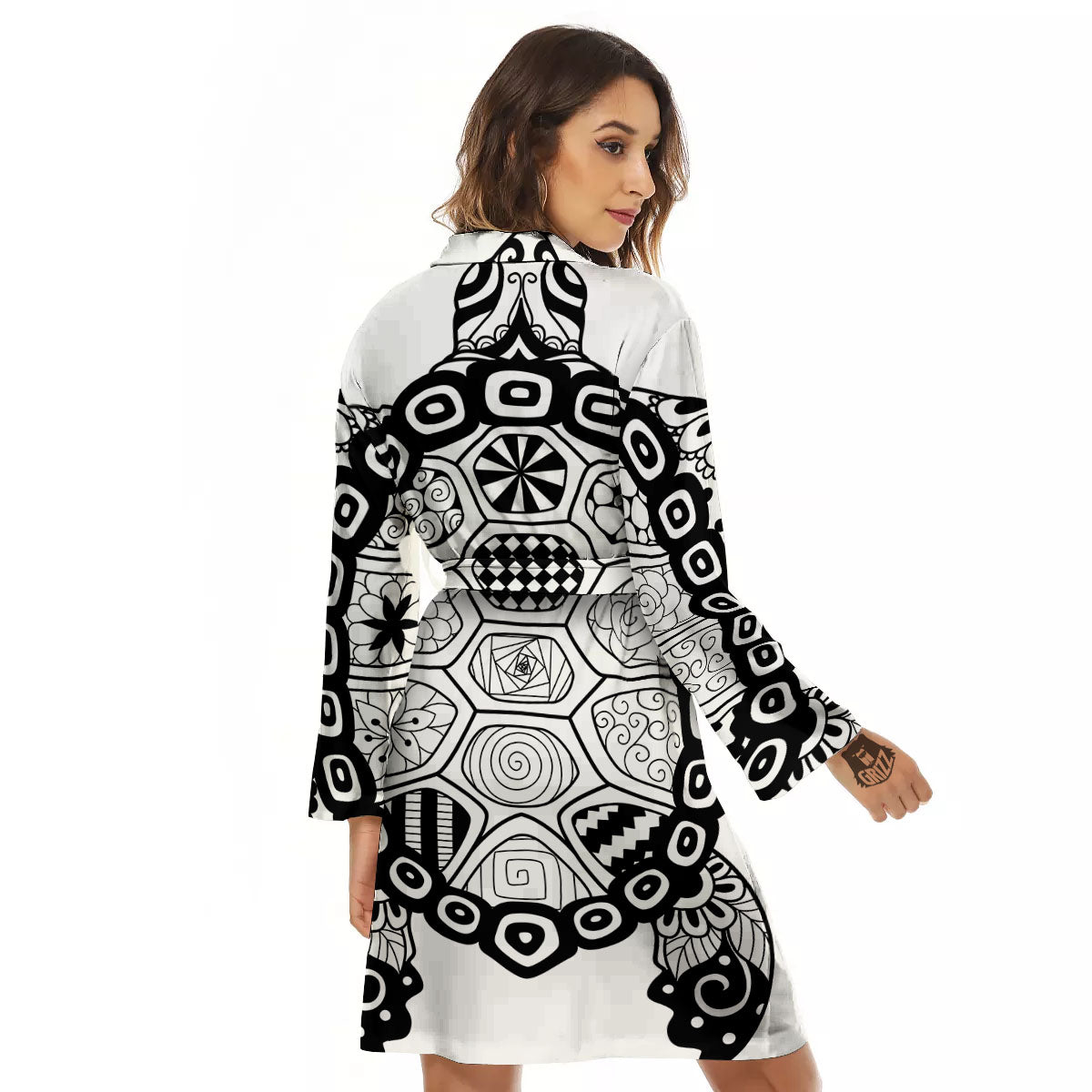 Maori Sea Turtle White And Black Print Women's Robe-grizzshop