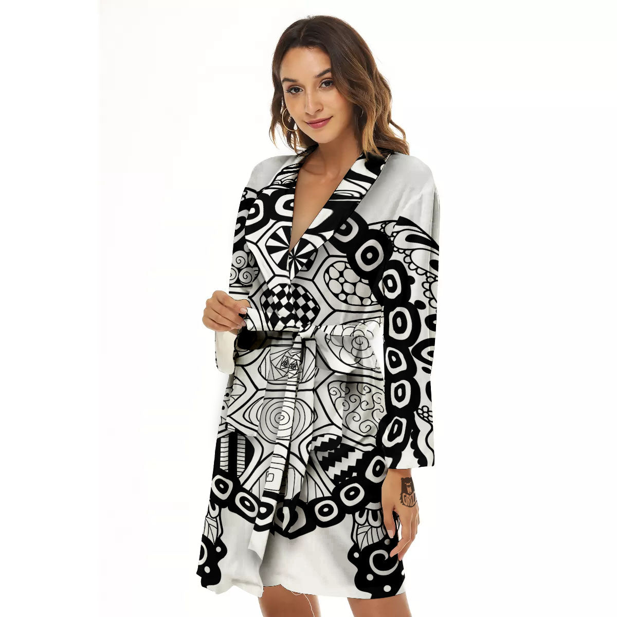 Maori Sea Turtle White And Black Print Women's Robe-grizzshop