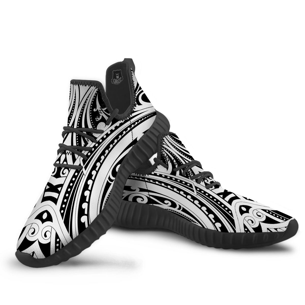 Maori Tattoo White And Black Print Black Walking Shoes-grizzshop