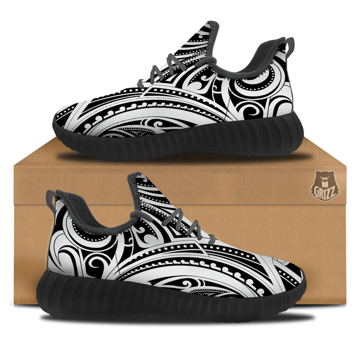 Maori Tattoo White And Black Print Black Walking Shoes-grizzshop