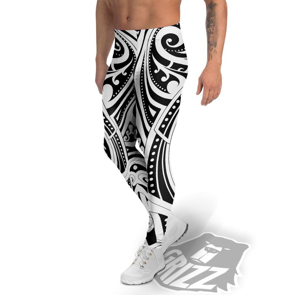 Maori Tattoo White And Black Print Men's Leggings-grizzshop