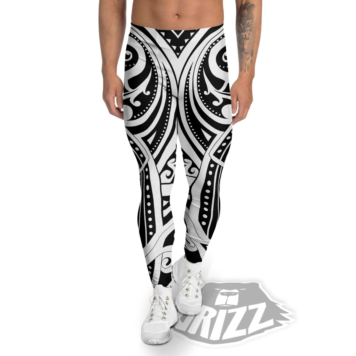 Maori Tattoo White And Black Print Men's Leggings-grizzshop