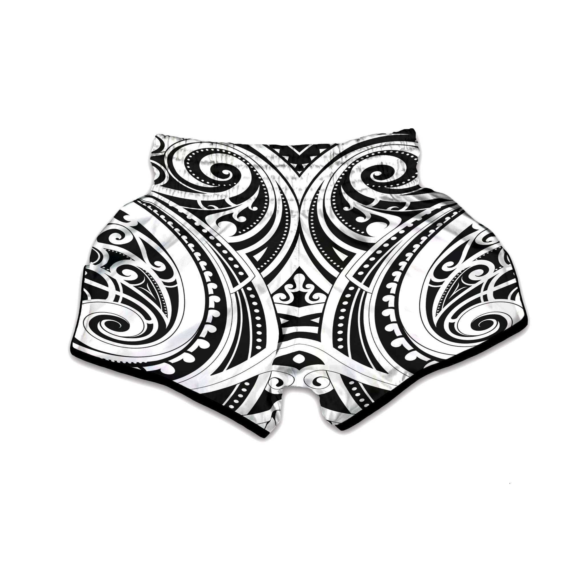 Maori Tattoo White And Black Print Muay Thai Boxing Shorts-grizzshop